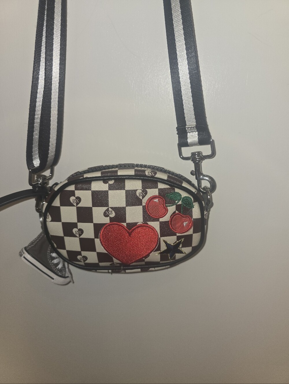 Women's Black & White Checker Crossbody Bag with Red Heart and Cherry Patches